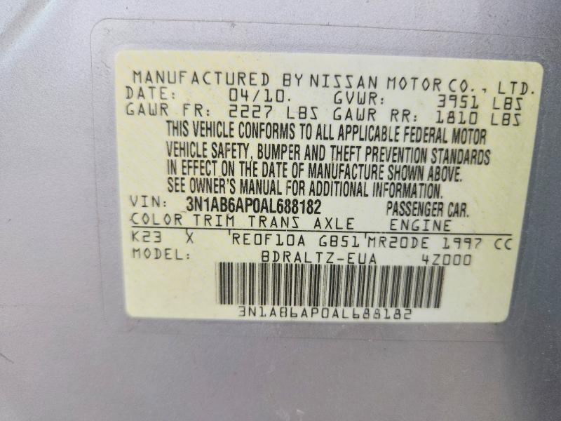 2010 Nissan Sentra მანქანა იყიდება აუქციონზე, vin: 3N1AB6AP0AL688182, აუქციონის ნომერი: 64151696