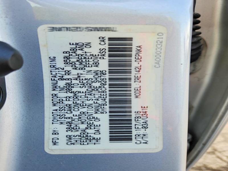 Продаж на аукціоні авто 2012 Toyota Corolla, vin: 5YFBU4EE8CP026705, номер лоту: 64629286
