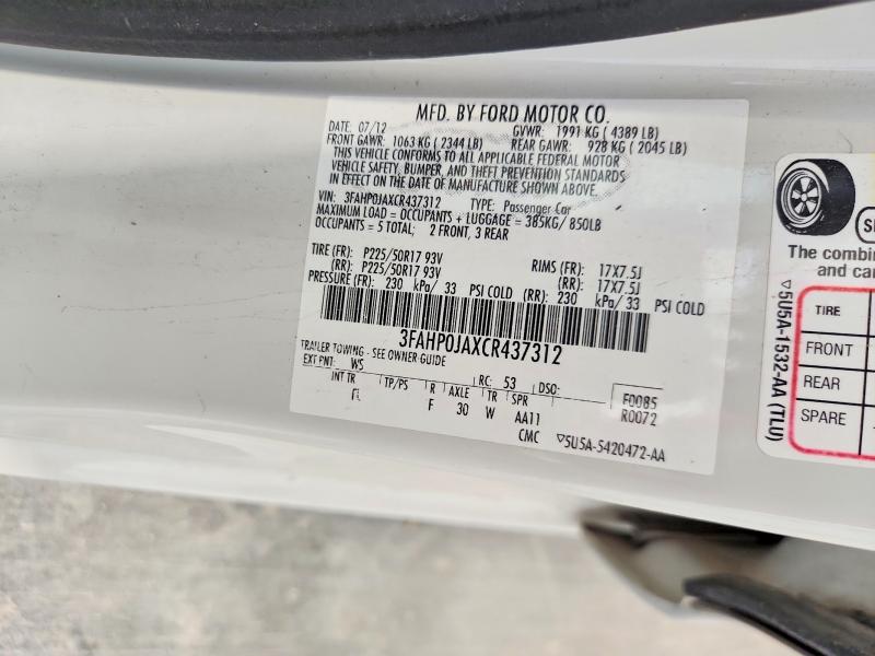 63189566 :رقم المزاد ، 3FAHP0JAXCR437312 vin ، 2012 Ford Fusion مزاد بيع