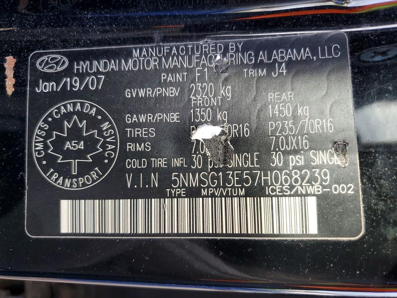 Aukcja sprzedaży 2007 Hyundai Santa Fe, vin: 5NMSG13E57H068239, numer aukcji: 65839506