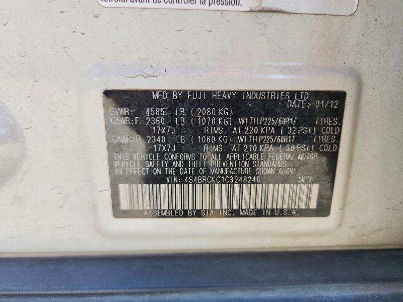 2012 Subaru Outback მანქანა იყიდება აუქციონზე, vin: 4S4BRCKC1C3248246, აუქციონის ნომერი: 63602806