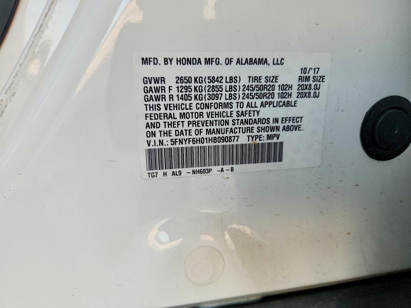 Продаж на аукціоні авто 2017 Honda Pilot, vin: 5FNYF6H01HB090877, номер лоту: 65035636