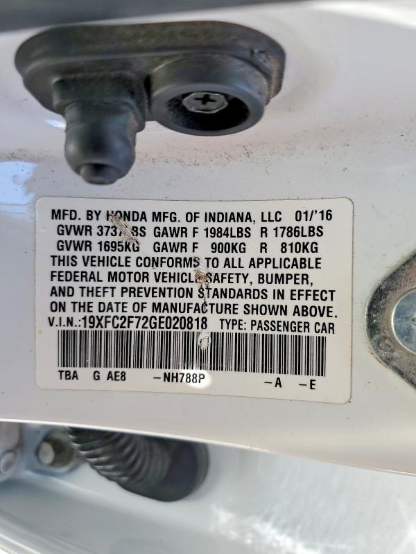 2016 Honda Civic მანქანა იყიდება აუქციონზე, vin: 19XFC2F72GE020818, აუქციონის ნომერი: 62991296