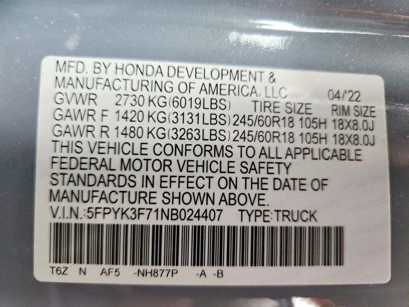 Aukcja sprzedaży 2022 Honda Ridgeline, vin: 5FPYK3F71NB024407, numer aukcji: 67008316