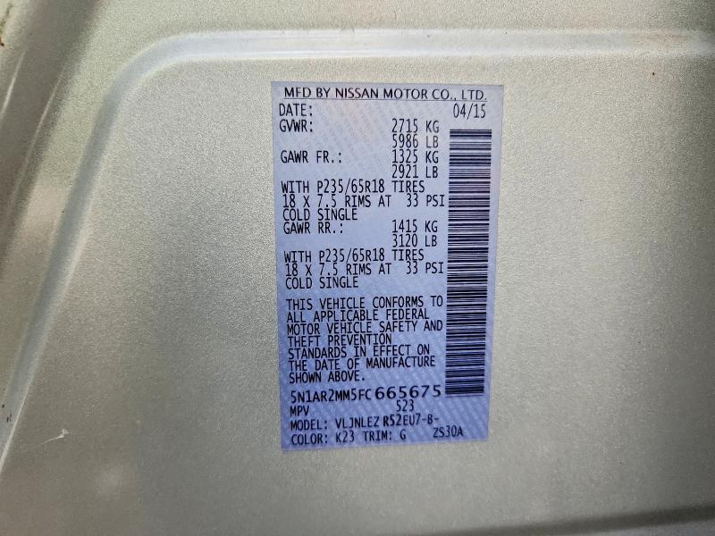 2015 Nissan Pathfinder მანქანა იყიდება აუქციონზე, vin: 5N1AR2MM5FC665675, აუქციონის ნომერი: 65284346