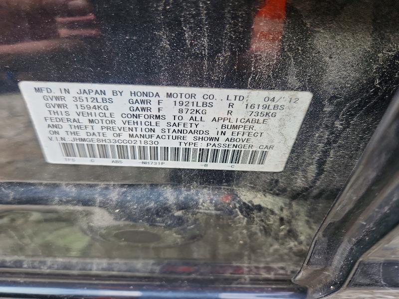 2012 Honda Fit მანქანა იყიდება აუქციონზე, vin: JHMGE8H33CC021830, აუქციონის ნომერი: 63447686