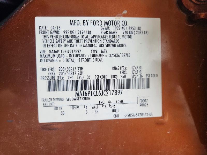 Продаж на аукціоні авто 2018 Ford Ecosport, vin: MAJ6P1CL6JC217897, номер лоту: 63304856
