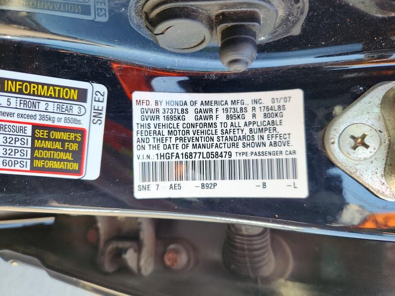 Aukcja sprzedaży 2007 Honda Civic, vin: 1HGFA16877L058479, numer aukcji: 65913216