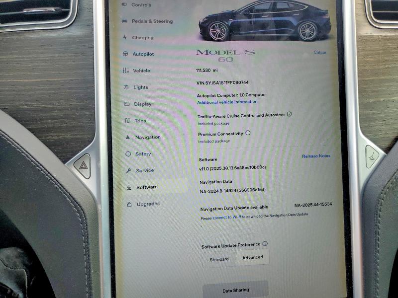 2015 Tesla Model S მანქანა იყიდება აუქციონზე, vin: 5YJSA1S11FF080744, აუქციონის ნომერი: 64619916