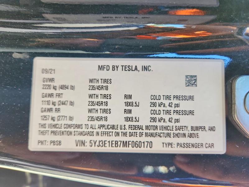 Aukcja sprzedaży 2021 Tesla Model 3, vin: 5YJ3E1EB7MF060170, numer aukcji: 63153486