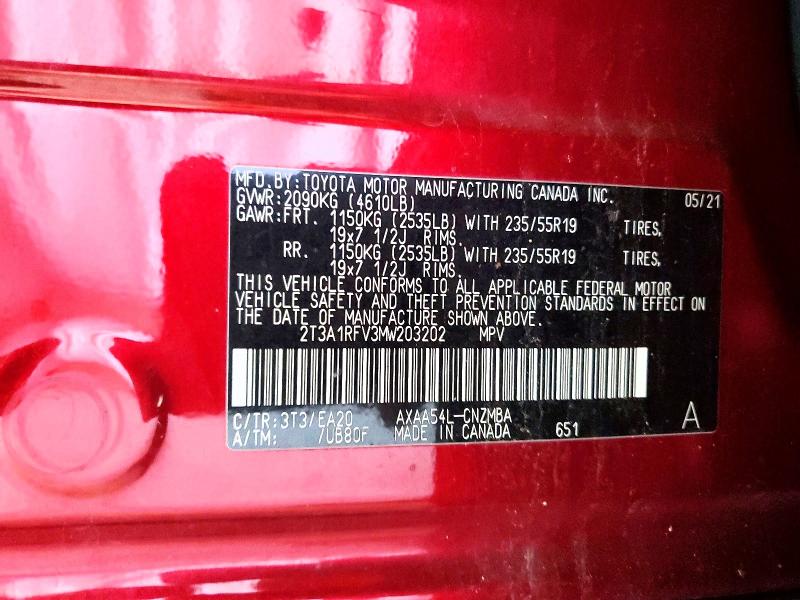 2021 Toyota Rav4 მანქანა იყიდება აუქციონზე, vin: 2T3A1RFV3MW203202, აუქციონის ნომერი: 63780426