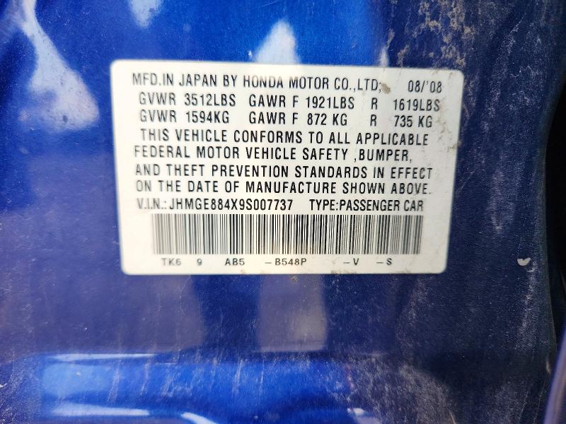 67075296 :رقم المزاد ، JHMGE884X9S007737 vin ، 2009 Honda Fit مزاد بيع