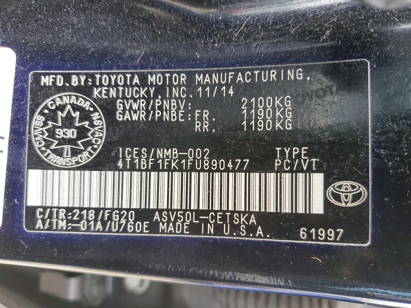 2015 Toyota Camry მანქანა იყიდება აუქციონზე, vin: 4T1BF1FK1FU890477, აუქციონის ნომერი: 64221606