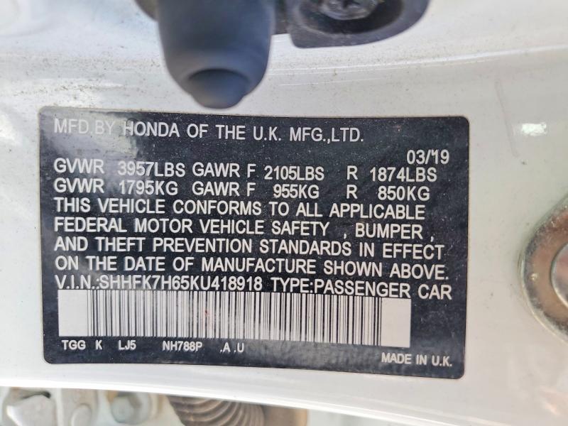 67144326 :رقم المزاد ، SHHFK7H65KU418918 vin ، 2019 Honda Civic مزاد بيع