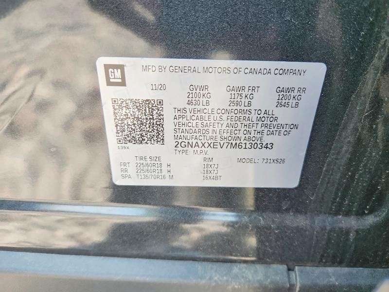 Aukcja sprzedaży 2021 Chevrolet Equinox, vin: 2GNAXXEV7M6130343, numer aukcji: 63550426
