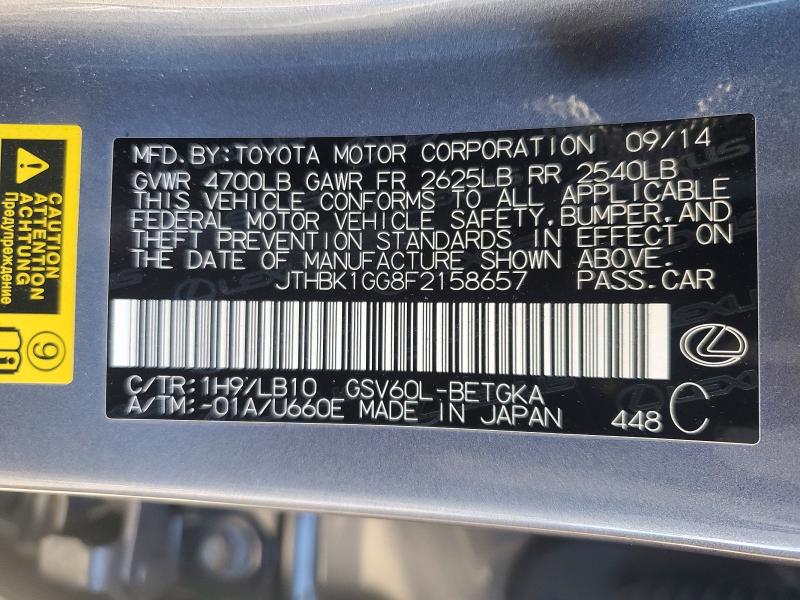 66528636 :رقم المزاد ، JTHBK1GG8F2158657 vin ، 2015 Lexus Es مزاد بيع