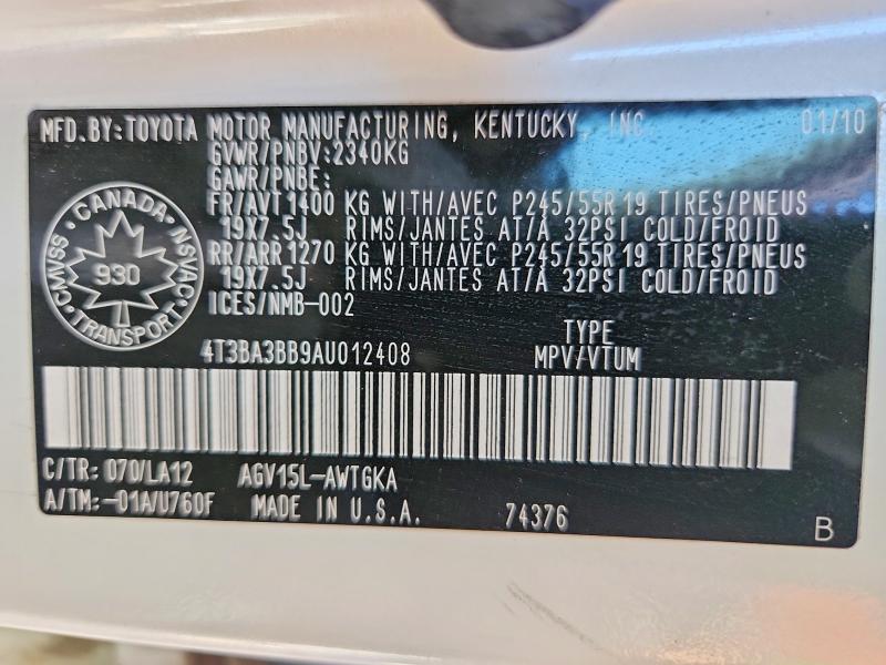 Aukcja sprzedaży 2010 Toyota Venza, vin: 4T3BA3BB9AU012408, numer aukcji: 66208986