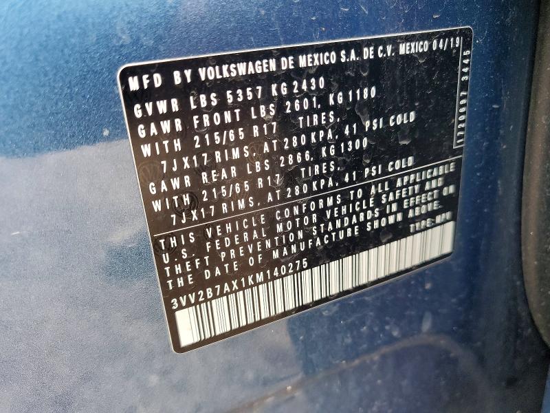 2019 Volkswagen Tiguan მანქანა იყიდება აუქციონზე, vin: 3VV2B7AX1KM140275, აუქციონის ნომერი: 63617096