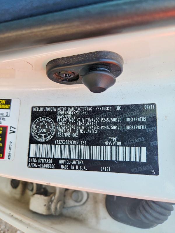 66989876 :رقم المزاد ، 4T3ZK3BB2EU070121 vin ، 2014 Toyota Venza مزاد بيع
