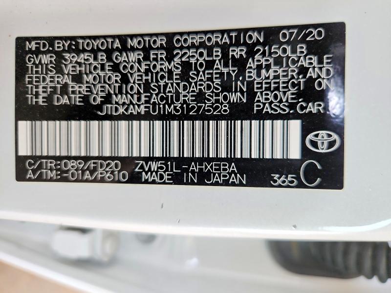 Продаж на аукціоні авто 2021 Toyota Prius, vin: JTDKAMFU1M3127528, номер лоту: 65100906