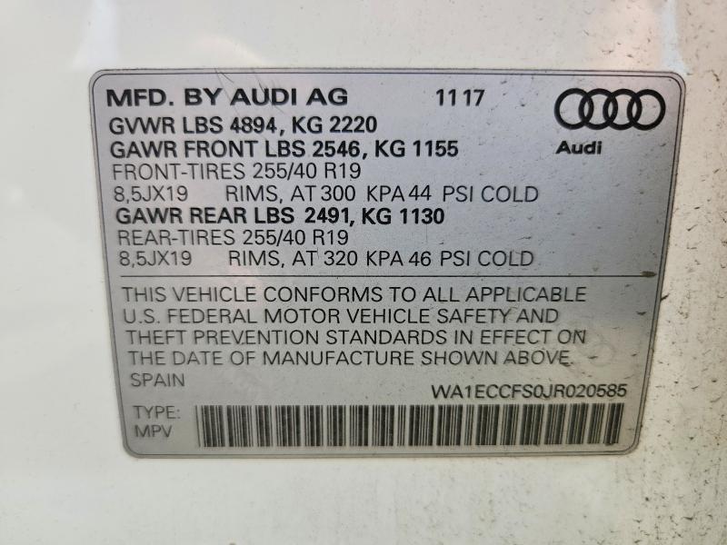 63738646 :رقم المزاد ، WA1ECCFS0JR020585 vin ، 2018 Audi Q3 مزاد بيع