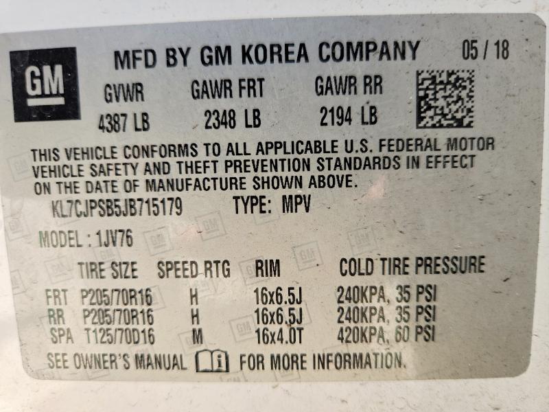 66284816 :رقم المزاد ، KL7CJPSB5JB715179 vin ، 2018 Chevrolet Trax مزاد بيع