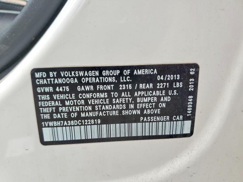 2013 Volkswagen Passat მანქანა იყიდება აუქციონზე, vin: 1VWBH7A38DC122819, აუქციონის ნომერი: 63343196