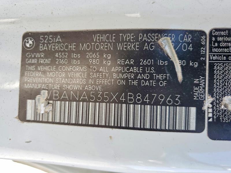 2004 Bmw 525 მანქანა იყიდება აუქციონზე, vin: WBANA535X4B847963, აუქციონის ნომერი: 63810356