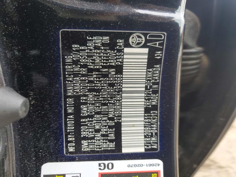 65367206 :رقم المزاد ، 2T1BURHE8KC195968 vin ، 2019 Toyota Corolla مزاد بيع