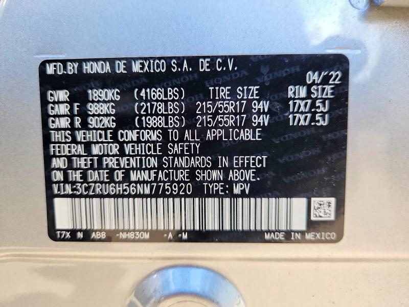 2022 Honda Hr-v მანქანა იყიდება აუქციონზე, vin: 3CZRU6H56NM775920, აუქციონის ნომერი: 67024946