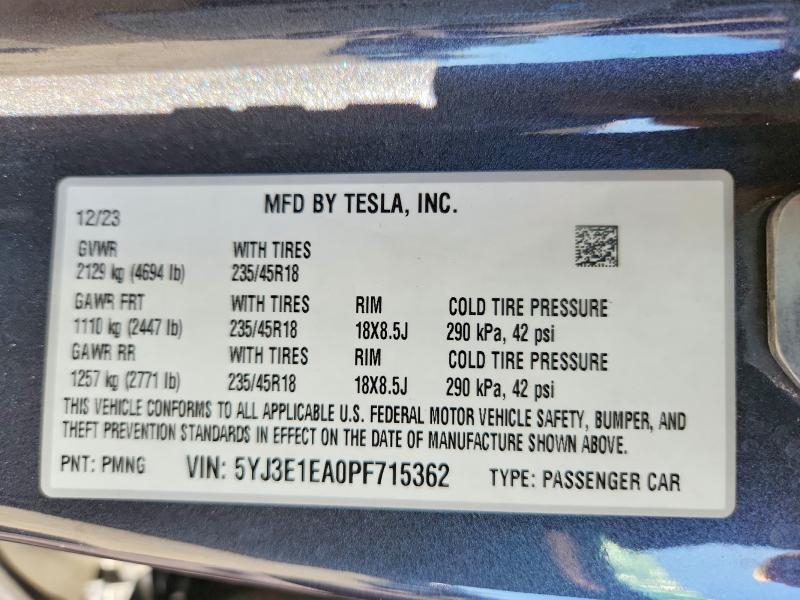 2023 Tesla Model 3 მანქანა იყიდება აუქციონზე, vin: 5YJ3E1EA0PF715362, აუქციონის ნომერი: 66307566