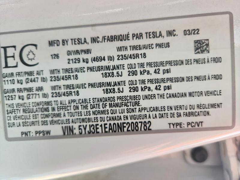 Aukcja sprzedaży 2022 Tesla Model 3, vin: 5YJ3E1EA0NF208782, numer aukcji: 63734026