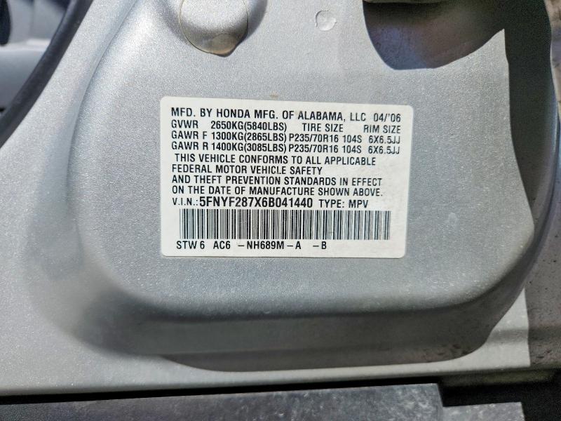 2006 Honda Pilot მანქანა იყიდება აუქციონზე, vin: 5FNYF287X6B041440, აუქციონის ნომერი: 64148026
