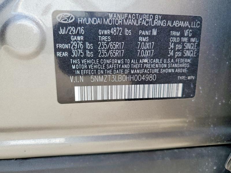 2017 Hyundai Santa Fe Sport მანქანა იყიდება აუქციონზე, vin: 5NMZT3LB0HH004980, აუქციონის ნომერი: 65085096