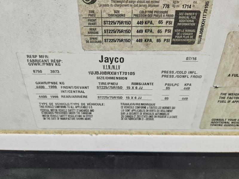 Aukcja sprzedaży 2017 Jayco Jay Flight Travel Tr, vin: 1UJBJ0BRXH1T70105, numer aukcji: 62506156
