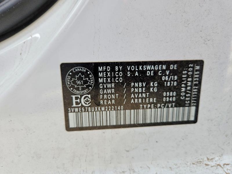 2019 Volkswagen Jetta მანქანა იყიდება აუქციონზე, vin: 3VWE57BUXKM222140, აუქციონის ნომერი: 65190946