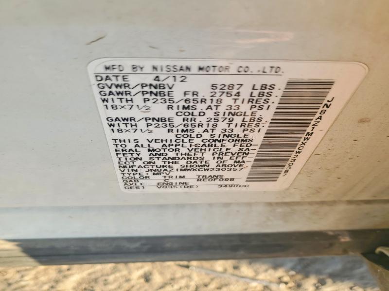 Aukcja sprzedaży 2012 Nissan Murano, vin: JN8AZ1MWXCW230357, numer aukcji: 63385786