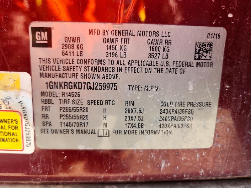 59921066 :رقم المزاد ، 1GNKRGKD7GJ259975 vin ، 2016 Chevrolet Traverse مزاد بيع