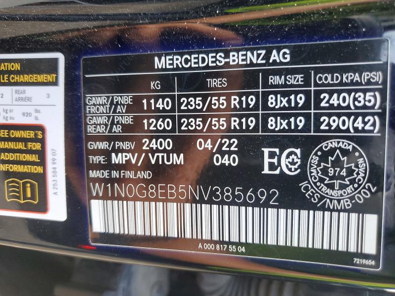 61647976 :رقم المزاد ، W1N0G8EB5NV385692 vin ، 2022 Mercedes-benz Glc مزاد بيع