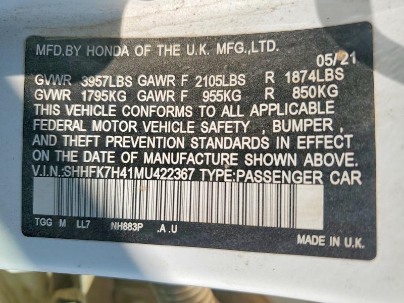 Auction sale of the 2021 Honda Civic, vin: SHHFK7H41MU422367, lot number: 67320746