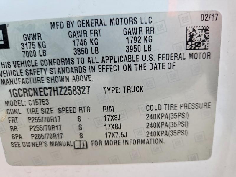 2017 Chevrolet Silverado მანქანა იყიდება აუქციონზე, vin: 1GCRCNEC7HZ258327, აუქციონის ნომერი: 66581606