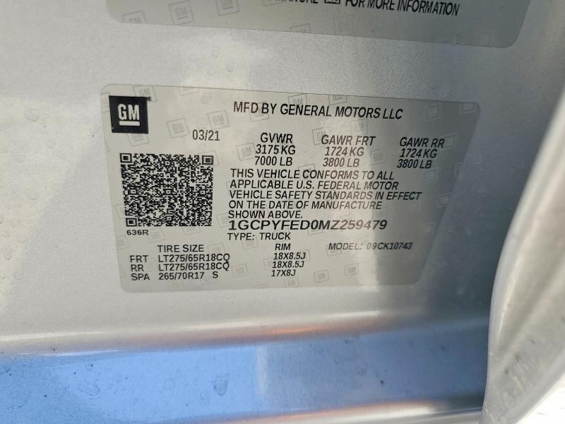 Aukcja sprzedaży 2021 Chevrolet Silverado, vin: 1GCPYFED0MZ259479, numer aukcji: 62647836