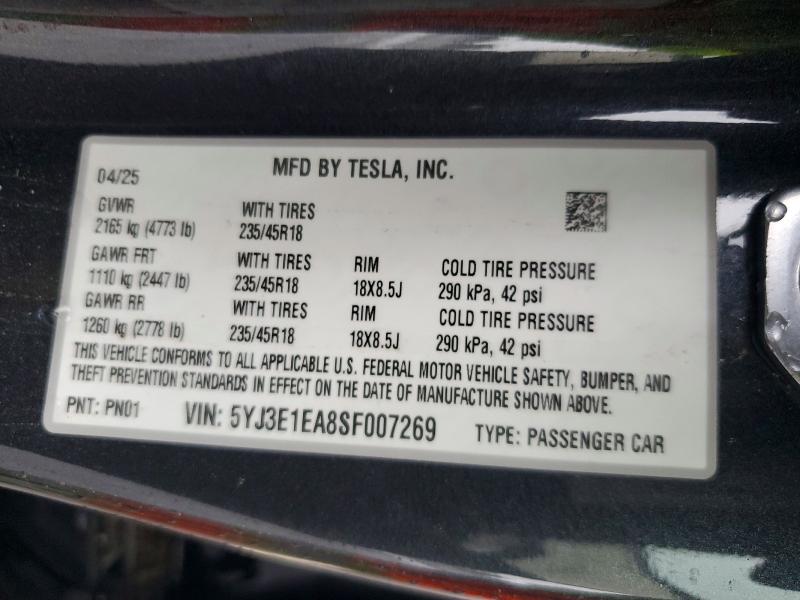 63484296 :رقم المزاد ، 5YJ3E1EA8SF007269 vin ، 2025 Tesla Model 3 مزاد بيع