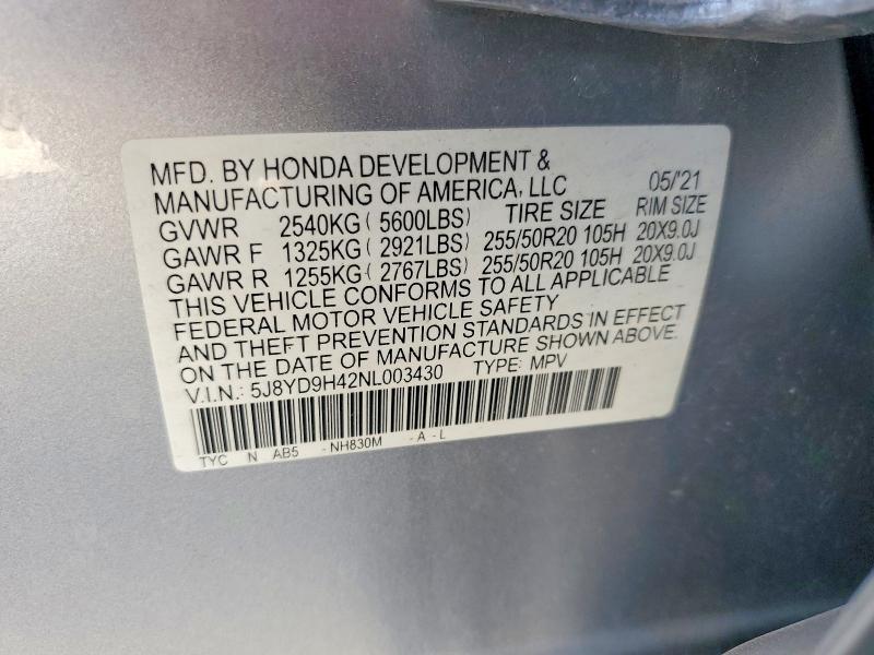 63399736 :رقم المزاد ، 5J8YD9H42NL003430 vin ، 2022 Acura Mdx مزاد بيع