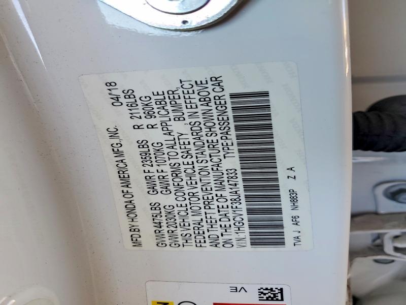 65284706 :رقم المزاد ، 1HGCV1F38JA147833 vin ، 2018 Honda Accord مزاد بيع