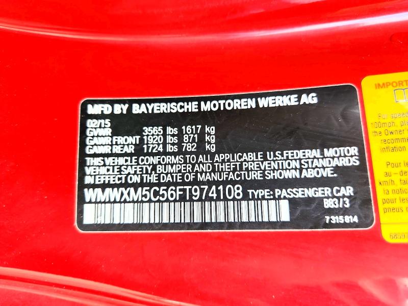 Aukcja sprzedaży 2015 Mini Cooper, vin: WMWXM5C56FT974108, numer aukcji: 64817846