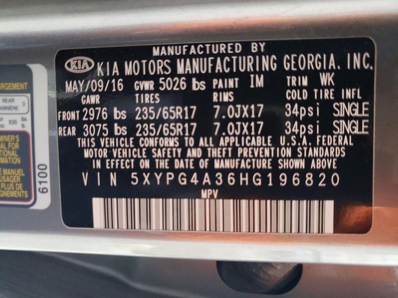 Aukcja sprzedaży 2017 Kia Sorento, vin: 5XYPG4A36HG196820, numer aukcji: 64701516