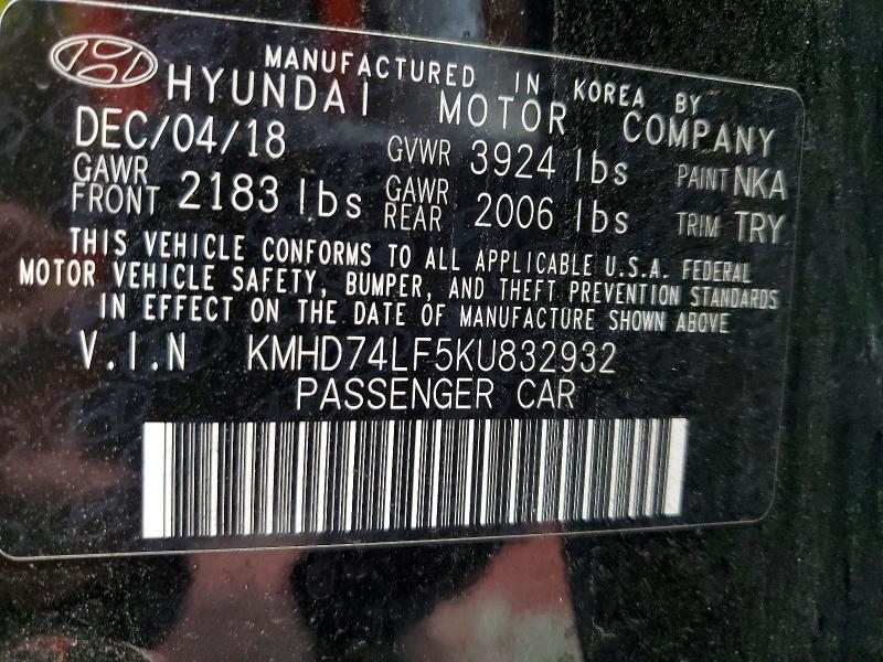 66904566 :رقم المزاد ، KMHD74LF5KU832932 vin ، 2019 Hyundai Elantra مزاد بيع