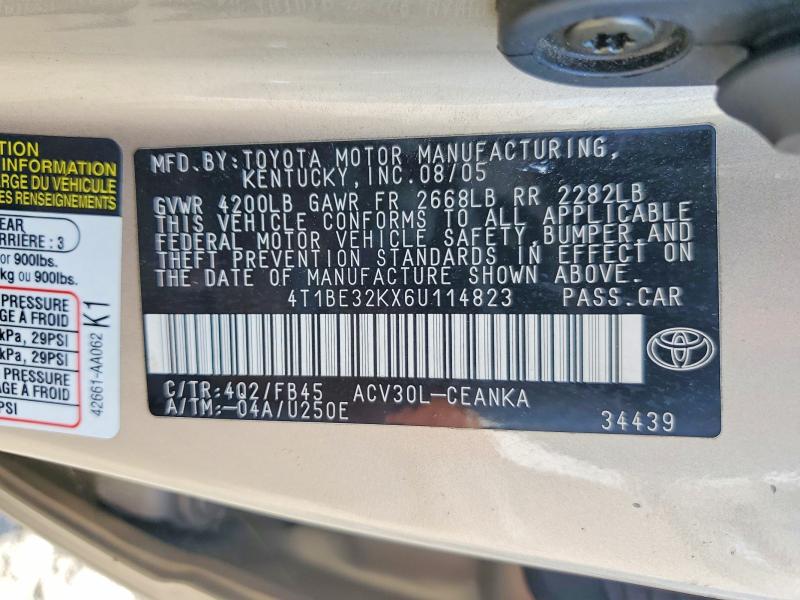 Auction sale of the 2006 Toyt Camry, vin: 4T1BE32KX6U114823, lot number: 65960906