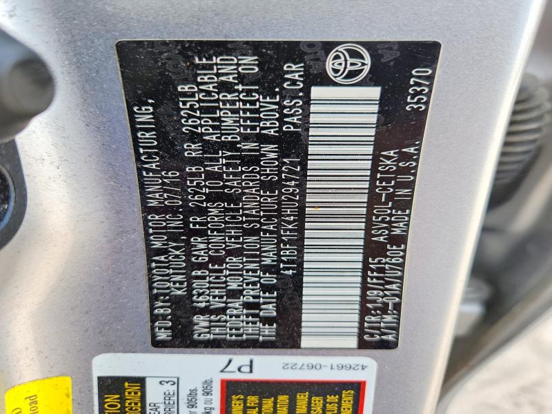 Aukcja sprzedaży 2017 Toyota Camry, vin: 4T1BF1FK4HU294721, numer aukcji: 64014726